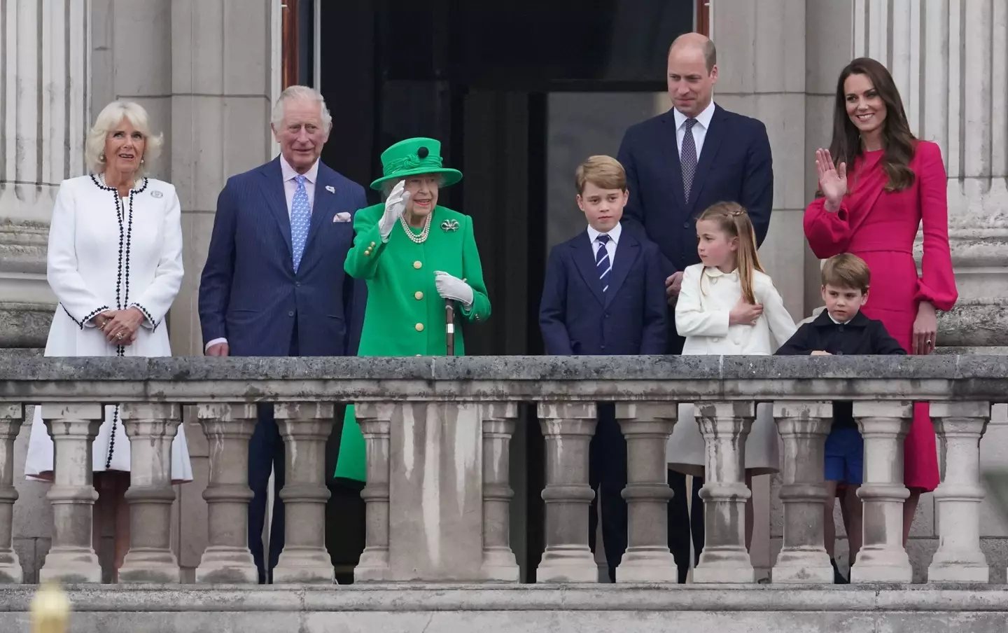 The Queen on the balcony of Buckingham Palace.
