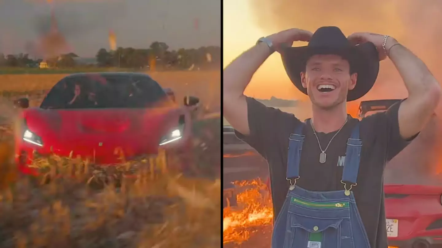 Influencer accidentally destroys his $400,000 Ferrari while shooting stunt in cornfield