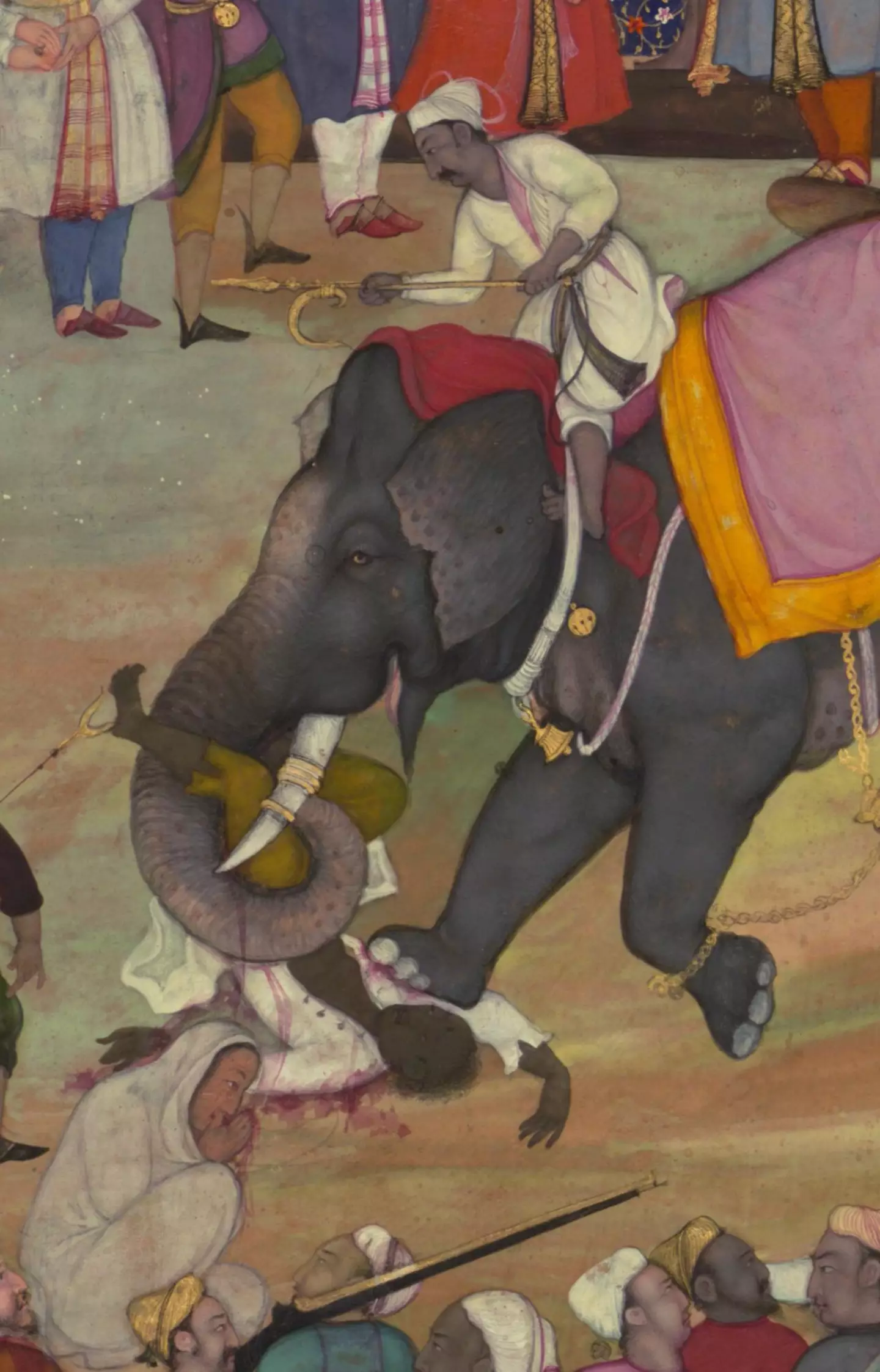 An artistic depiction of execution by elephant from the Akbarnama, a chronicle of the reign of Mughal Emperor Akbar the Great (Public Domain)