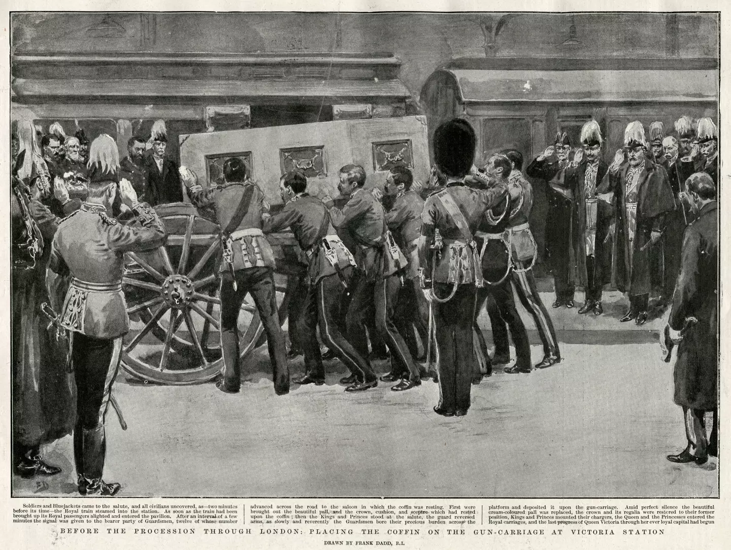 Soldiers load Queen Victoria's coffin onto the carriage.