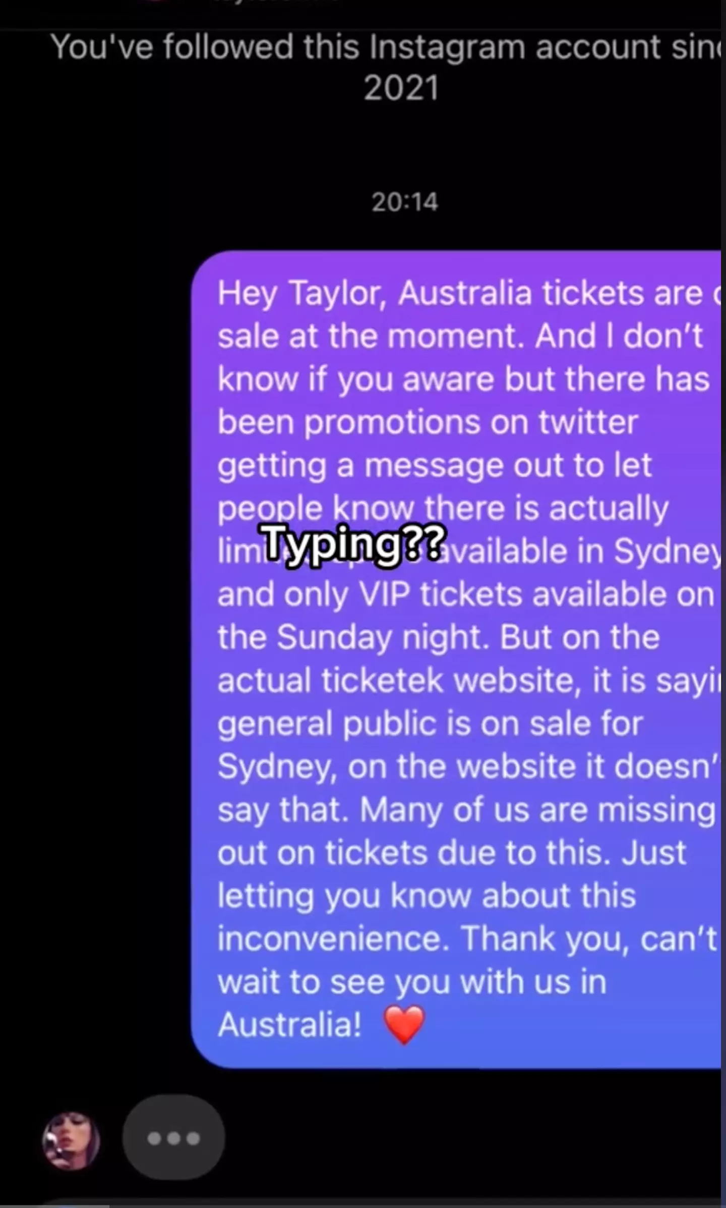 Amina sent a message to Taylor Swift reporting a ticketing problem.