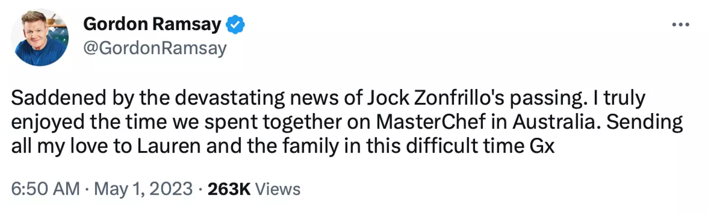 Gordon Ramsay paid tribute to the MasterChef judge who died at the age of 46.