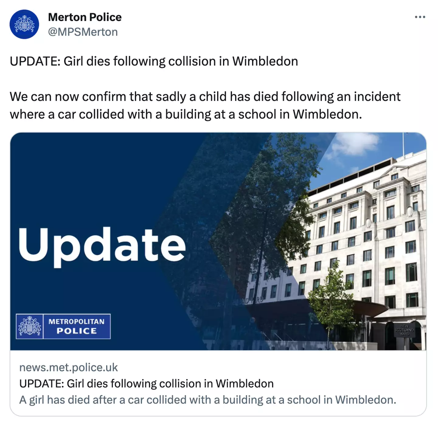 Merton Police confirmed the news this afternoon.