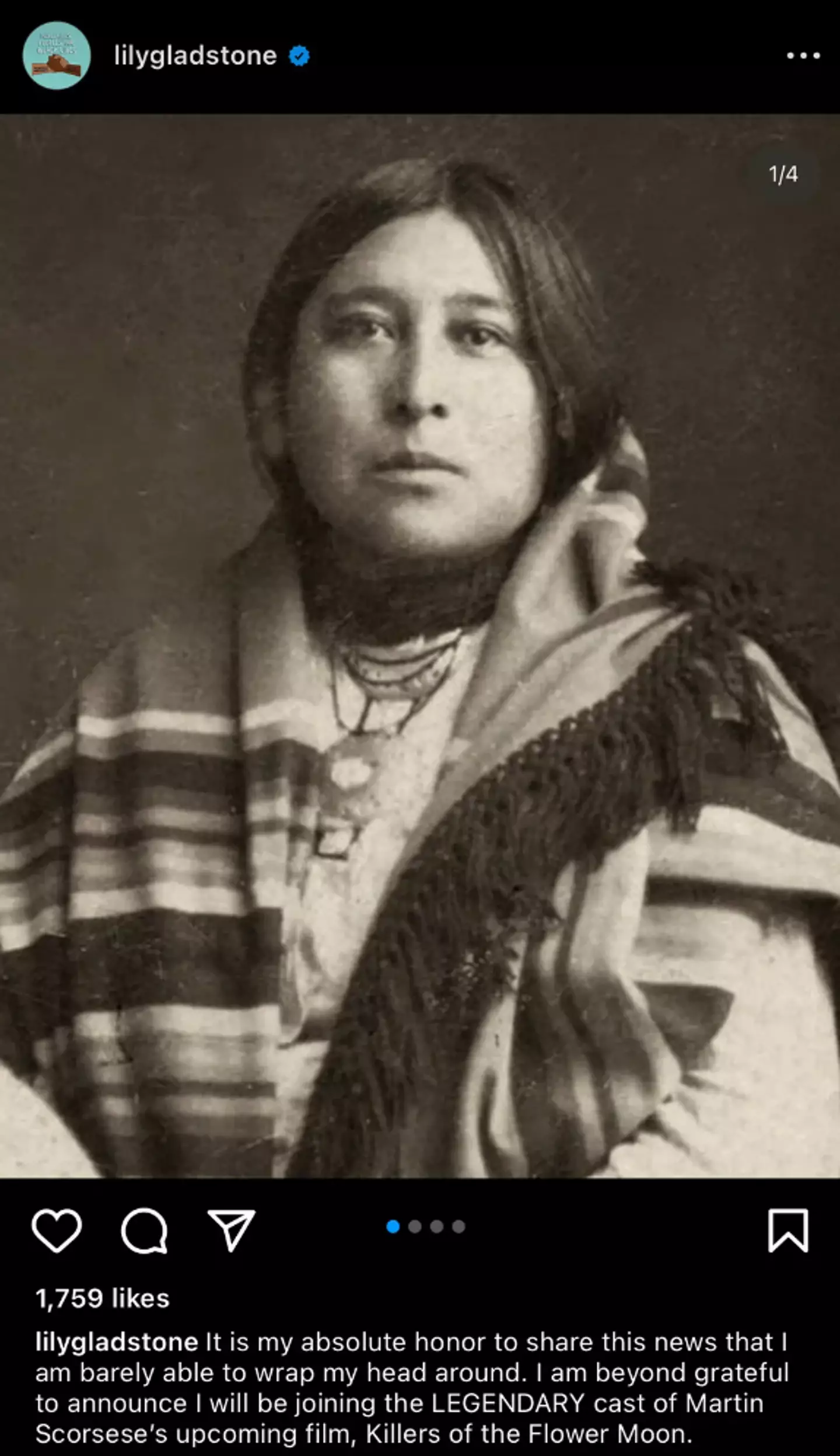 Actor Lily Gladstone thanked the Osage Nation for being able to tell the story of Mollie Burkhart.