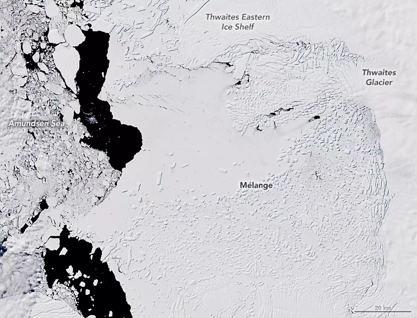 The same glacier in 2019, having suffered significant damage (NASA)