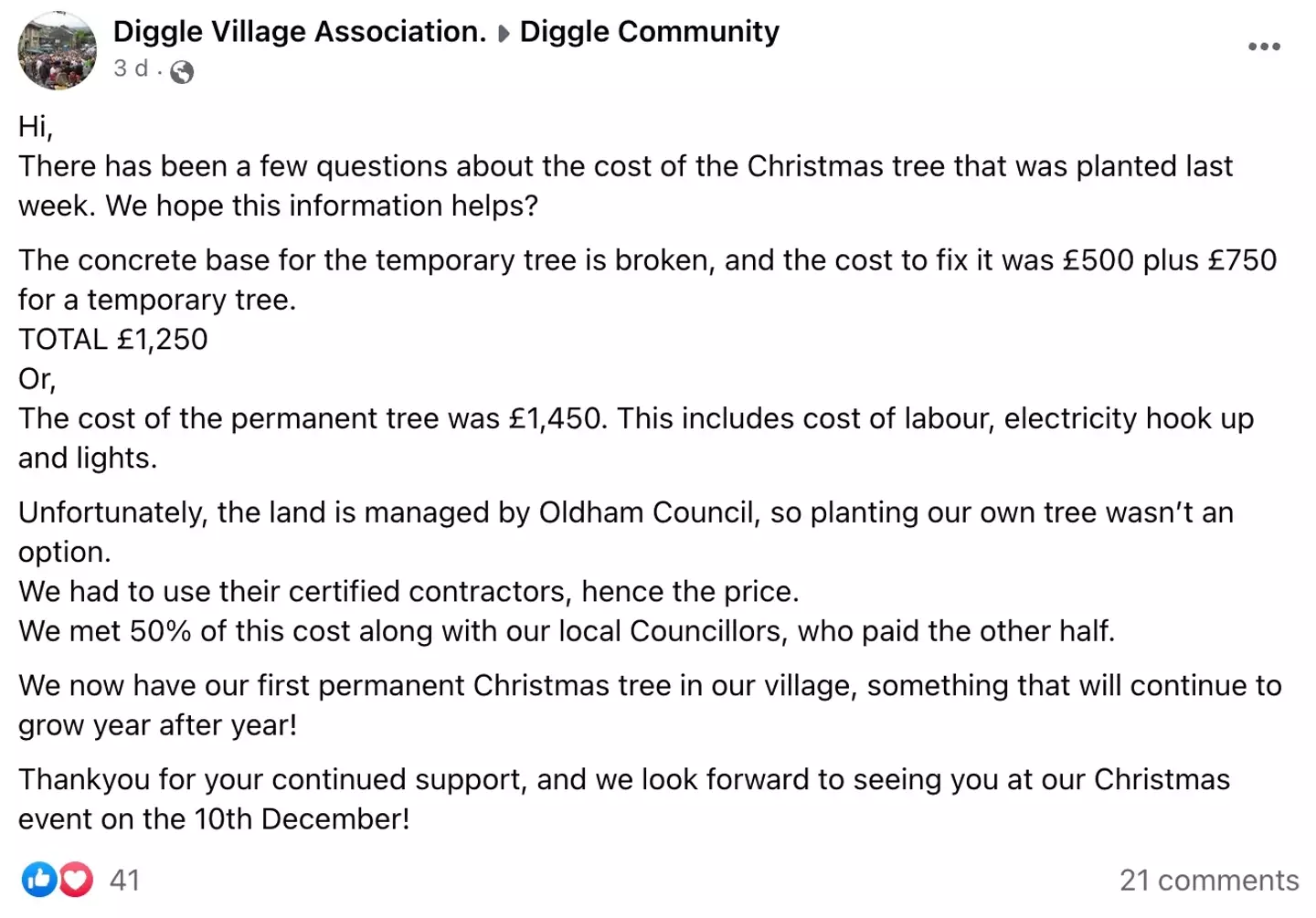 The Diggle Village Association justified their decision on Facebook.