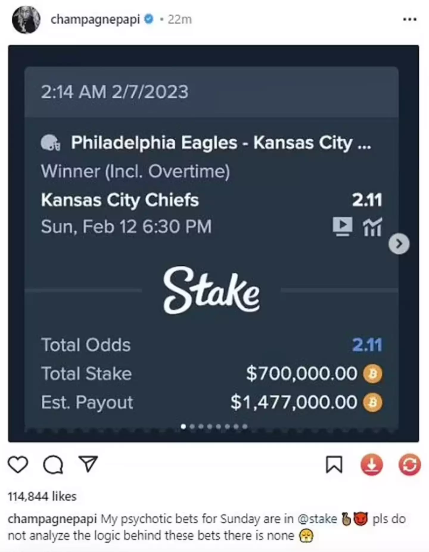 The 2023 Super Bowl bet from Drake that won.