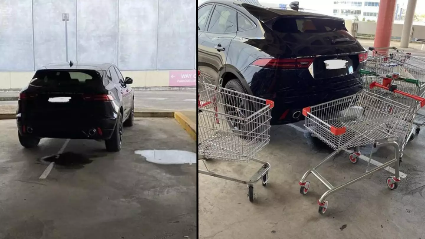 Shoppers teach Jaguar driver a lesson after they parked across two spaces
