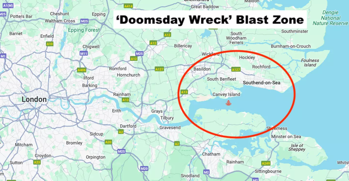 A worst scenario blast zone if the explosives inside the SS Richard Montgomery all blow up (Google Maps/LADbible Group)
