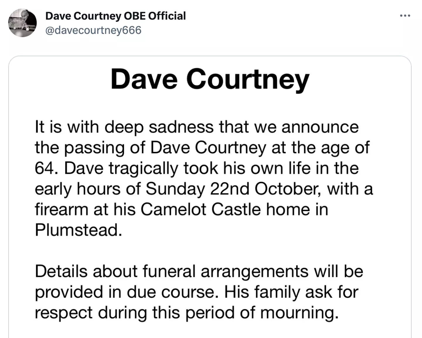East Ender Dave Courtney has passed away at the age of 64.
