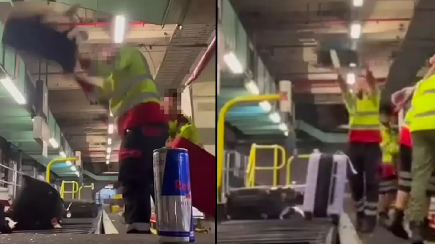 Baggage handlers filmed laughing as they throw luggage onto conveyor belt