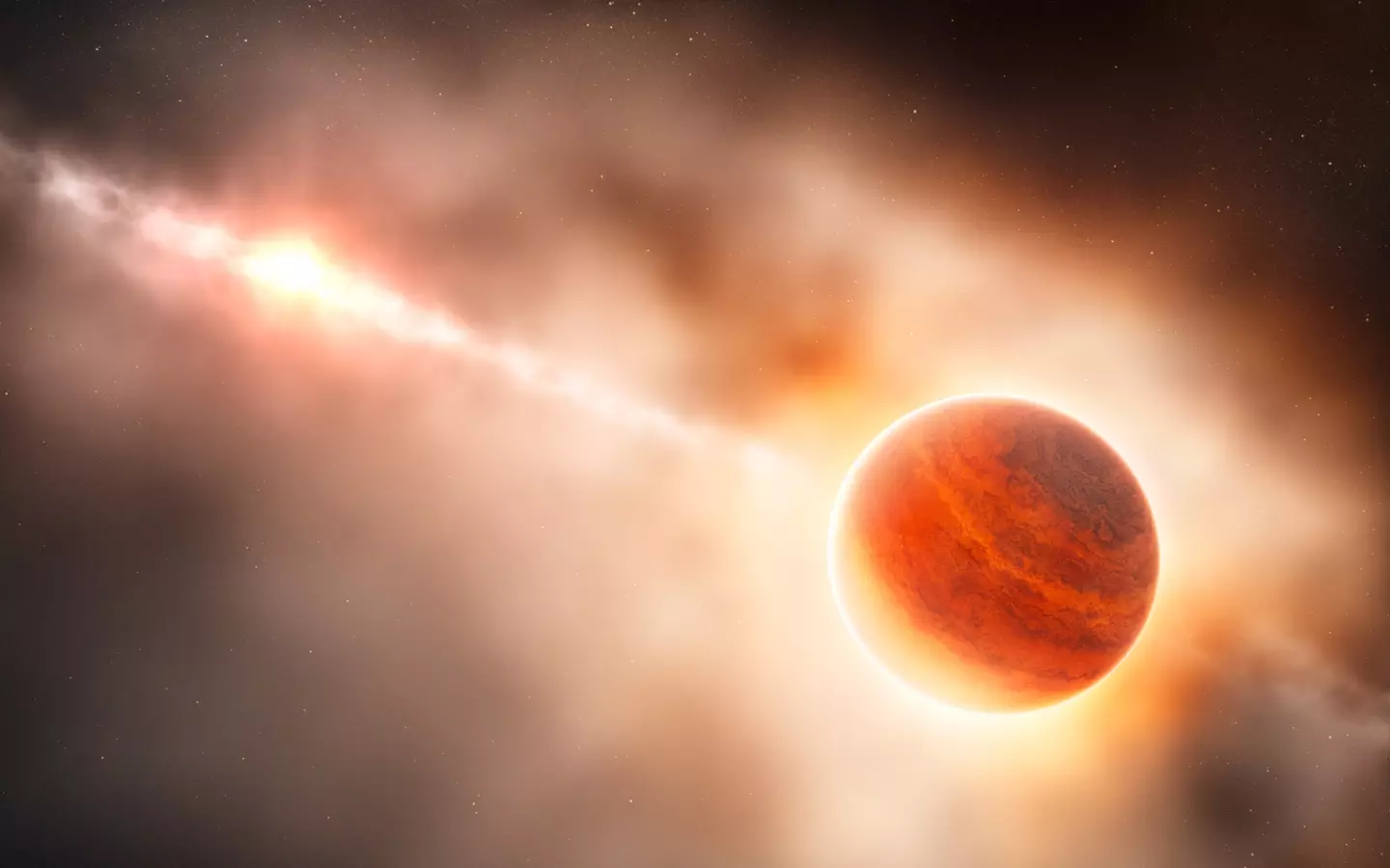 This artist’s impression shows the formation of a gas giant planet embedded in the disk of dust and gas in the ring of dust around a young star.