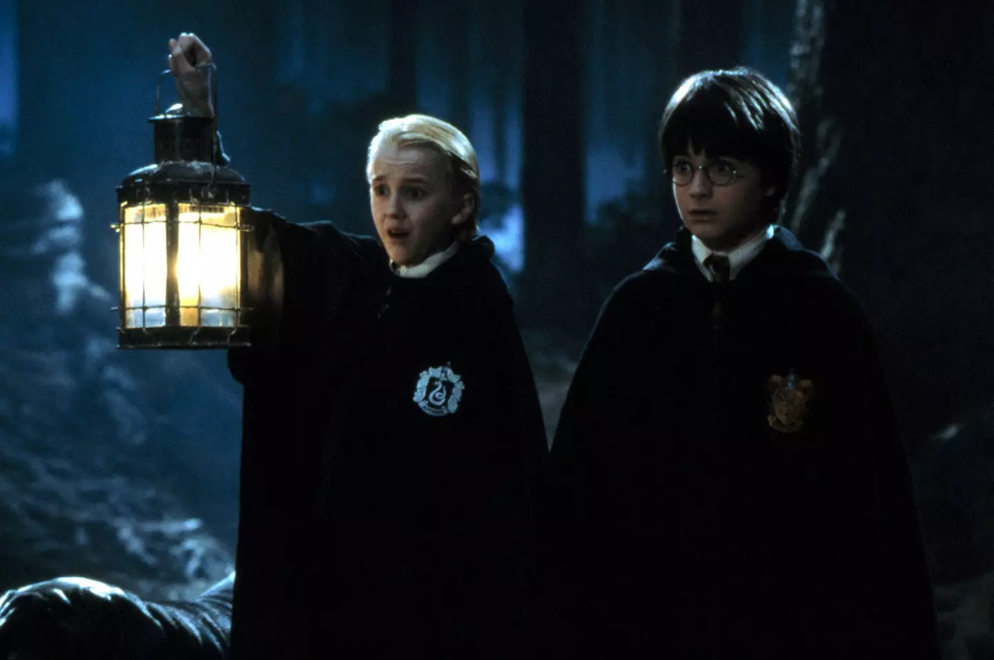 Tom Felton and Daniel Radcliffe in the first Harry Potter movie.