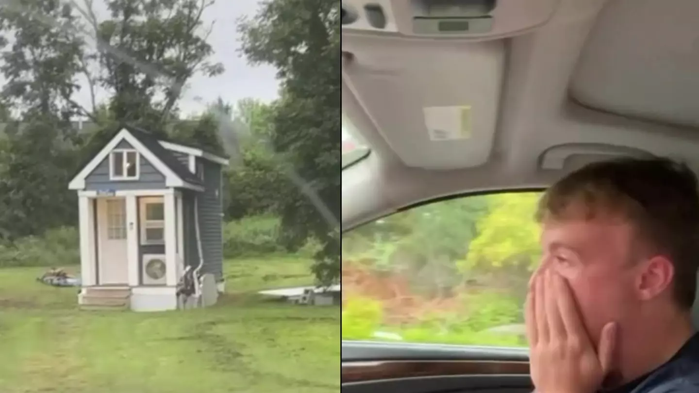 Hilarious moment family of four and two dogs pull up to tiny house booked by dad