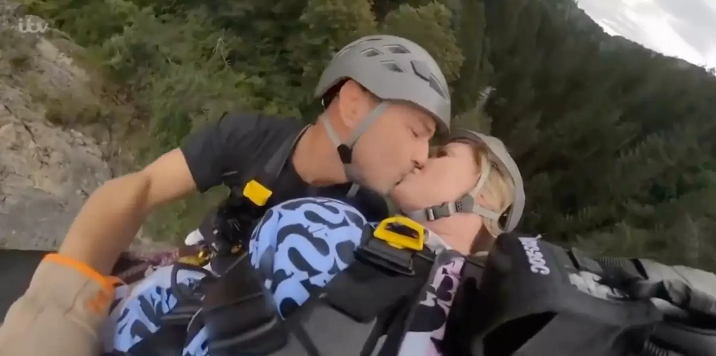 The pair shared a quick kiss after the terrifying fall.