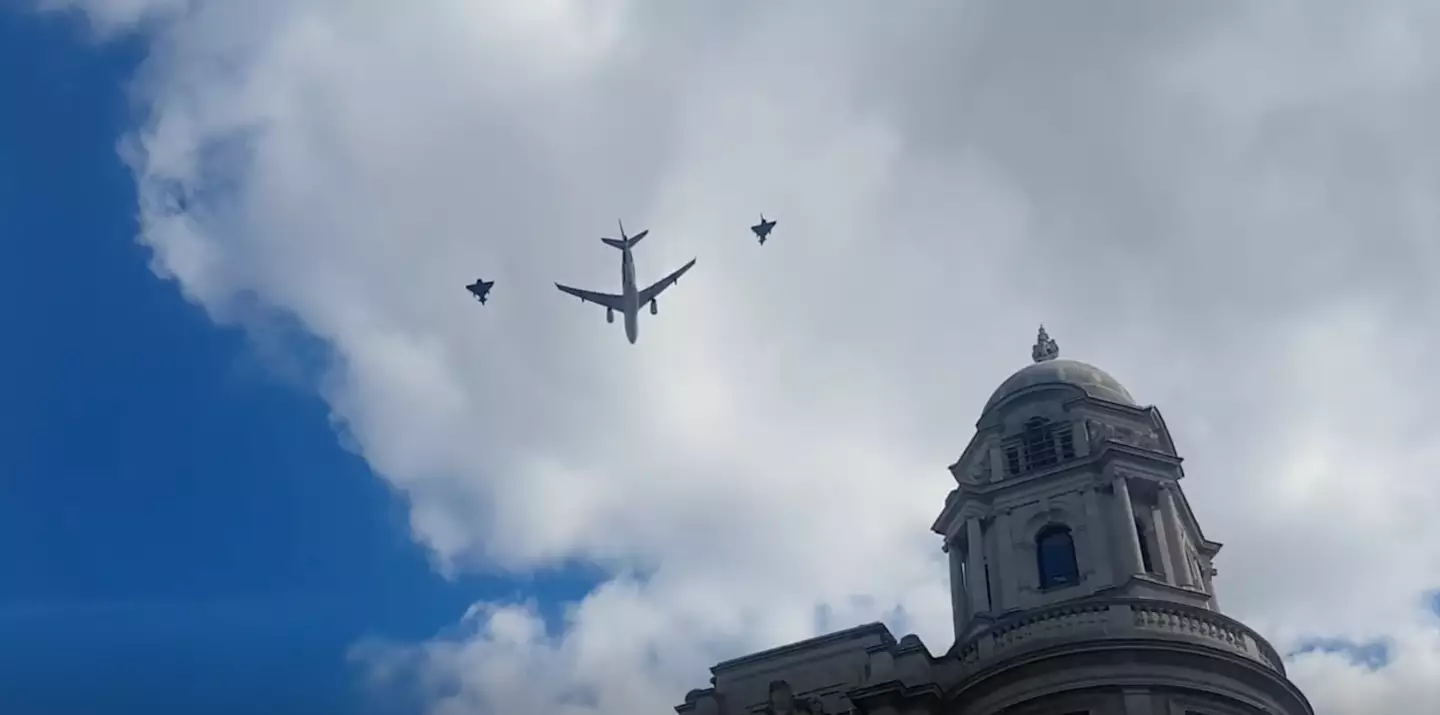 The plane and the RAF jets were spotted in London this morning on 5 May.