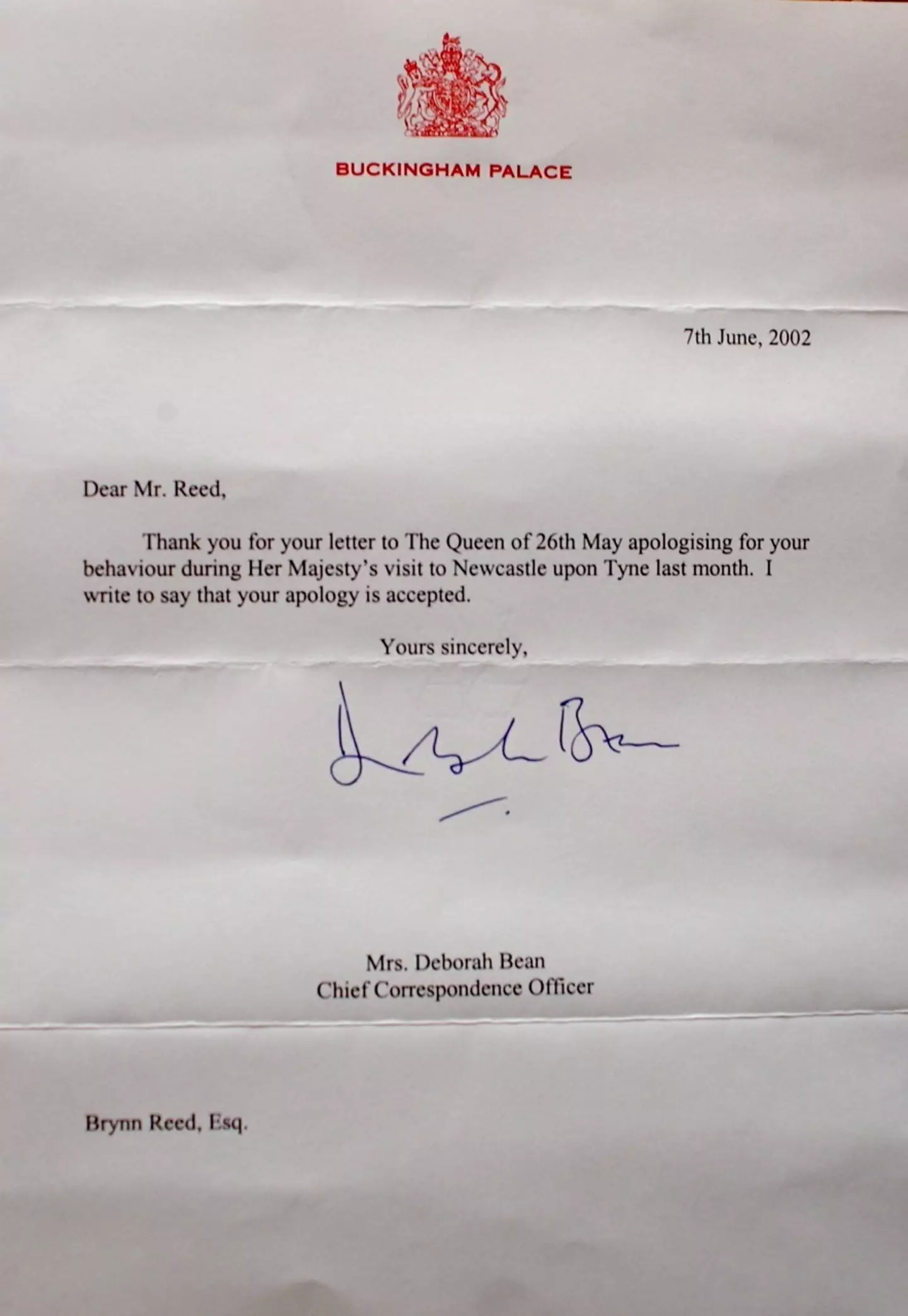 He wrote a letter of apology to the Queen and, remarkably, received a reply in less  than two weeks.