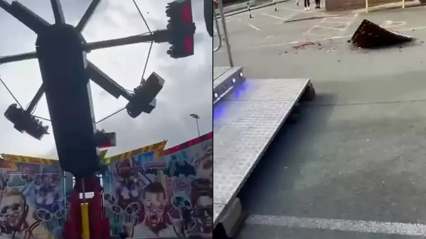 Terrifying footage shows moment fairground ride breaks apart leaving woman in hospital