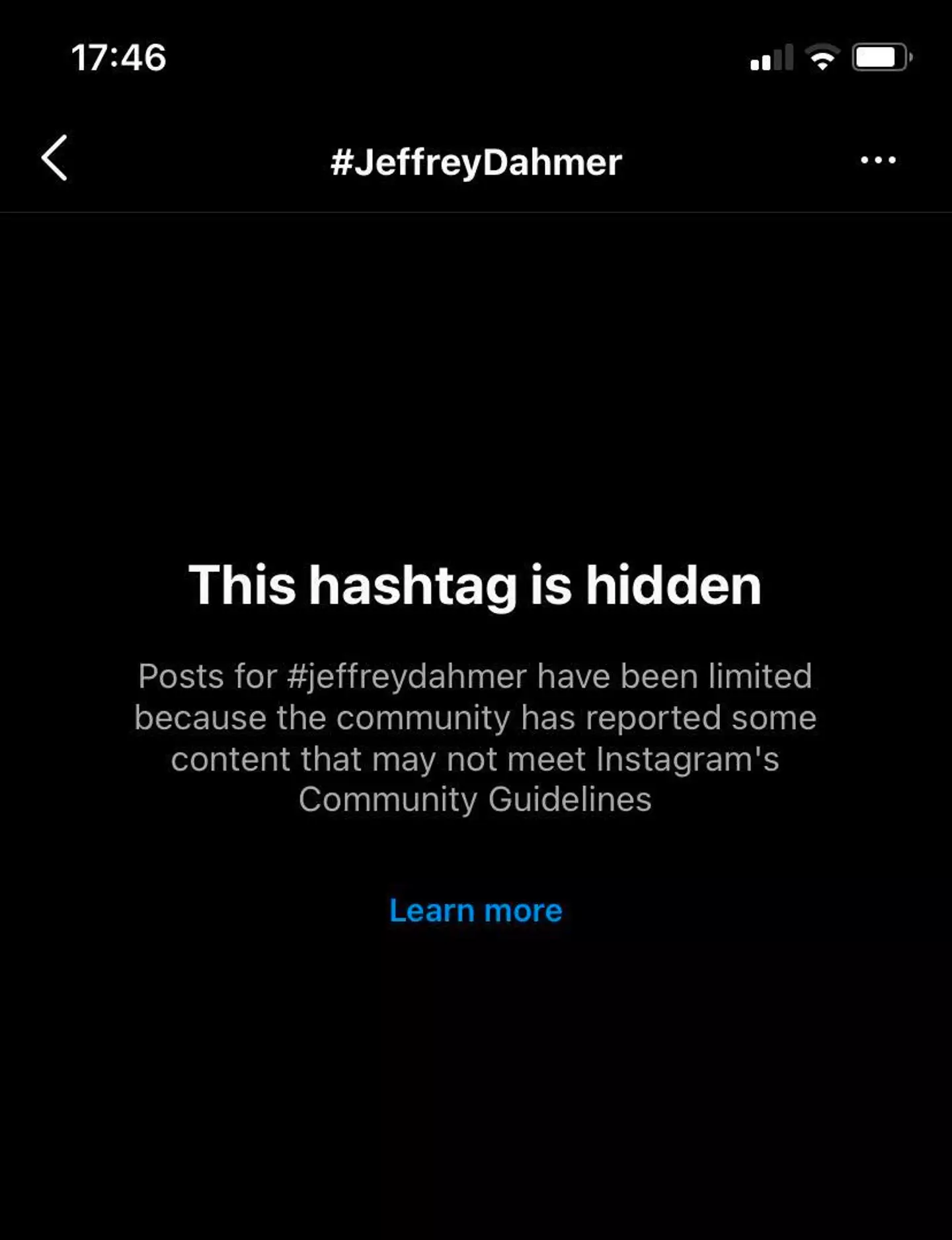 It's a no for anyone searching #jeffreydahmer on Instagram.