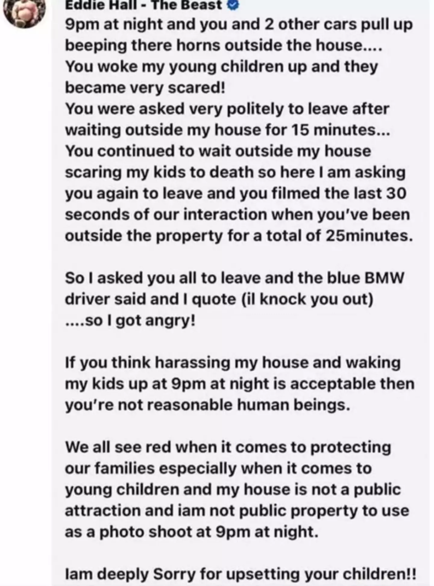 Hall addressed the incident on Facebook (Facebook/Eddie Hall)