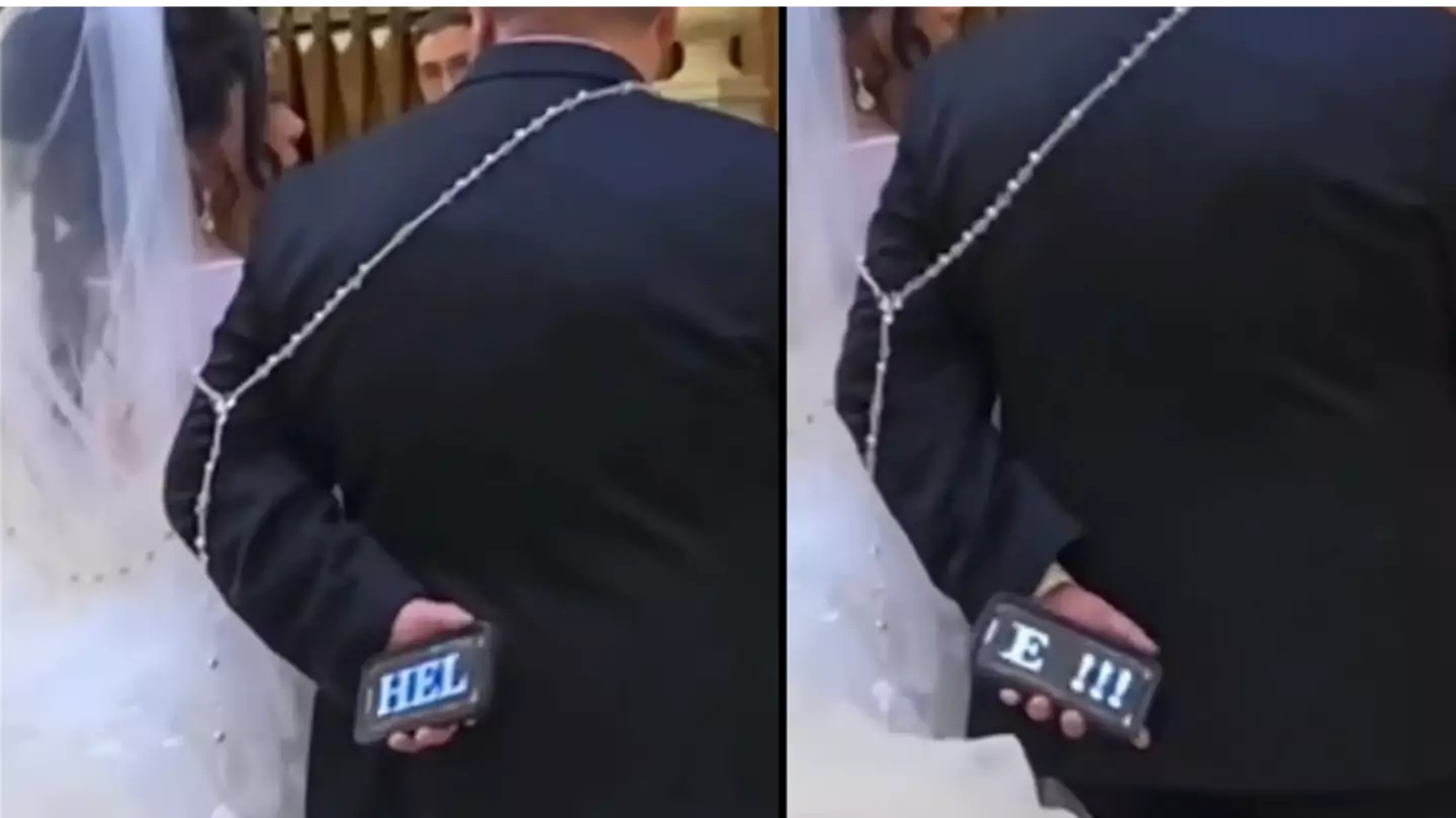 Groom divides opinion for displaying 'help me' message to wedding guests at ceremony