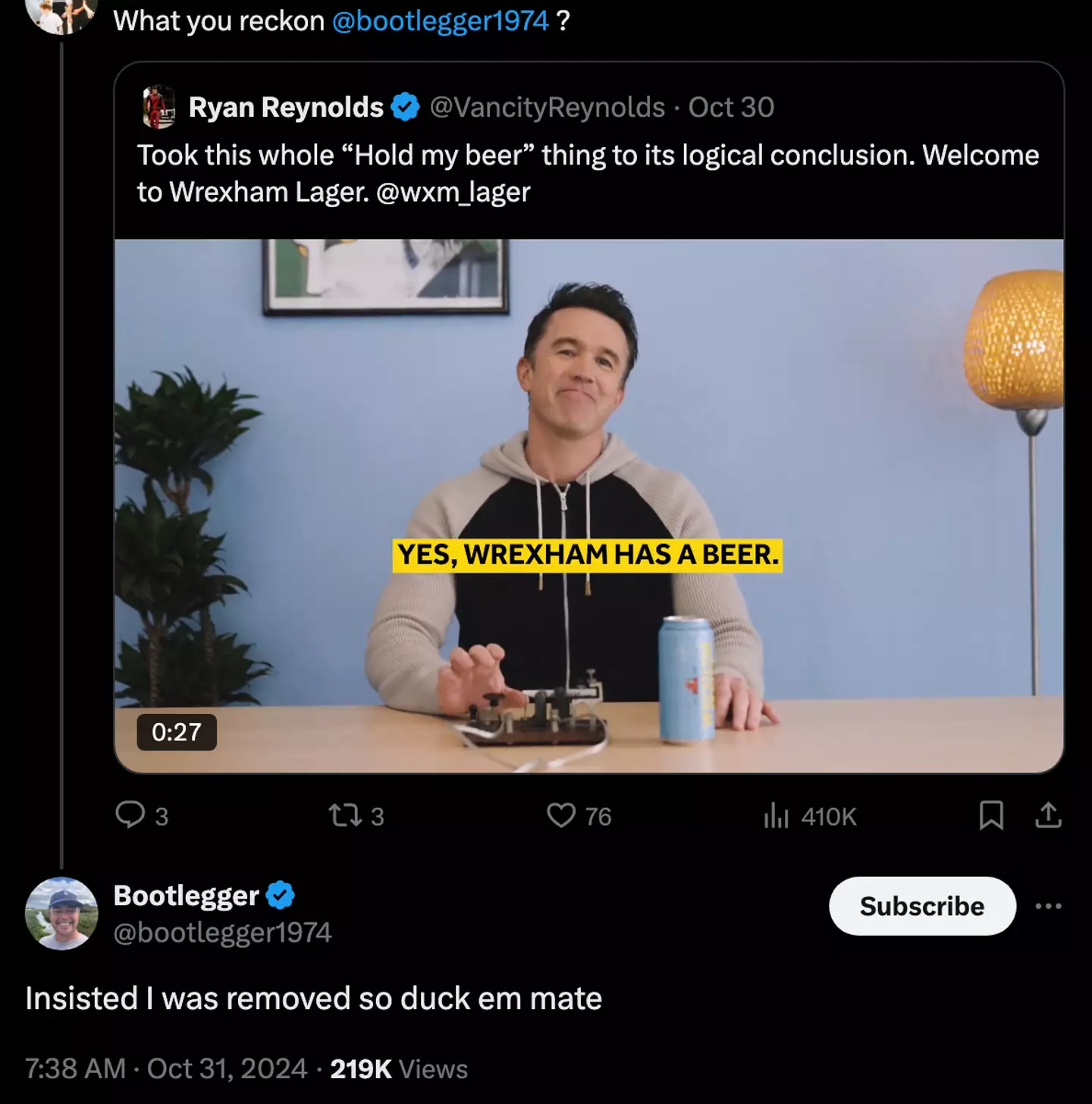 The content creator made his thoughts clear on the news (X/@bootlegger1974)