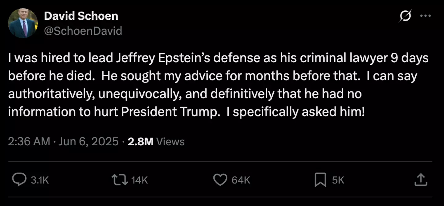 The criminal defence lawyer had represented Jeffrey Epstein before he died (X/@SchoenDavid)