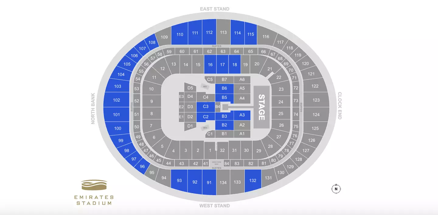 The Emirates Stadium seating plan (Ticketmaster)