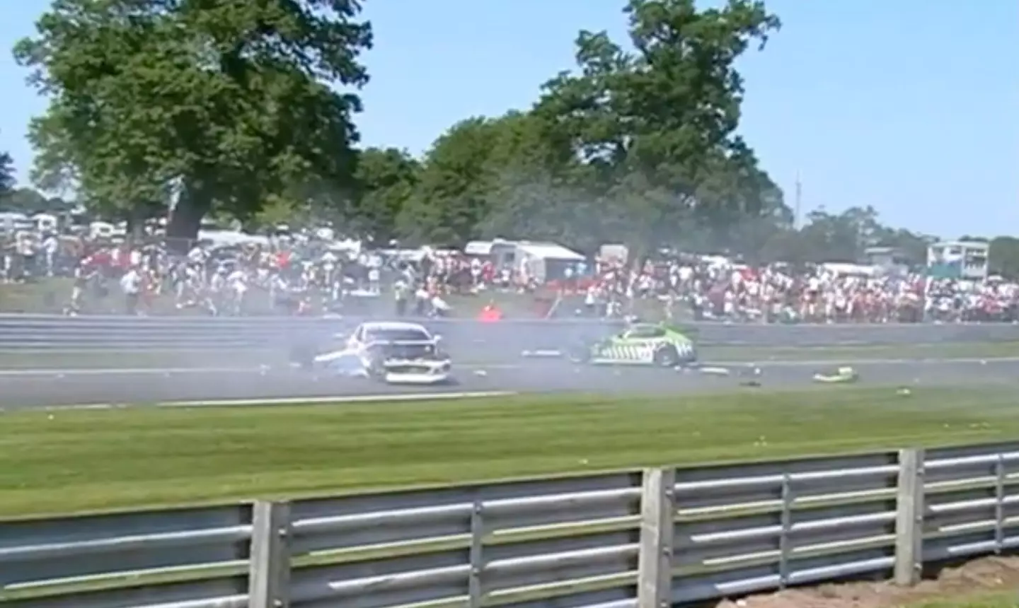 A dramatic collision between two cars on the famous track was captured on camera in 2009 (YouTube)