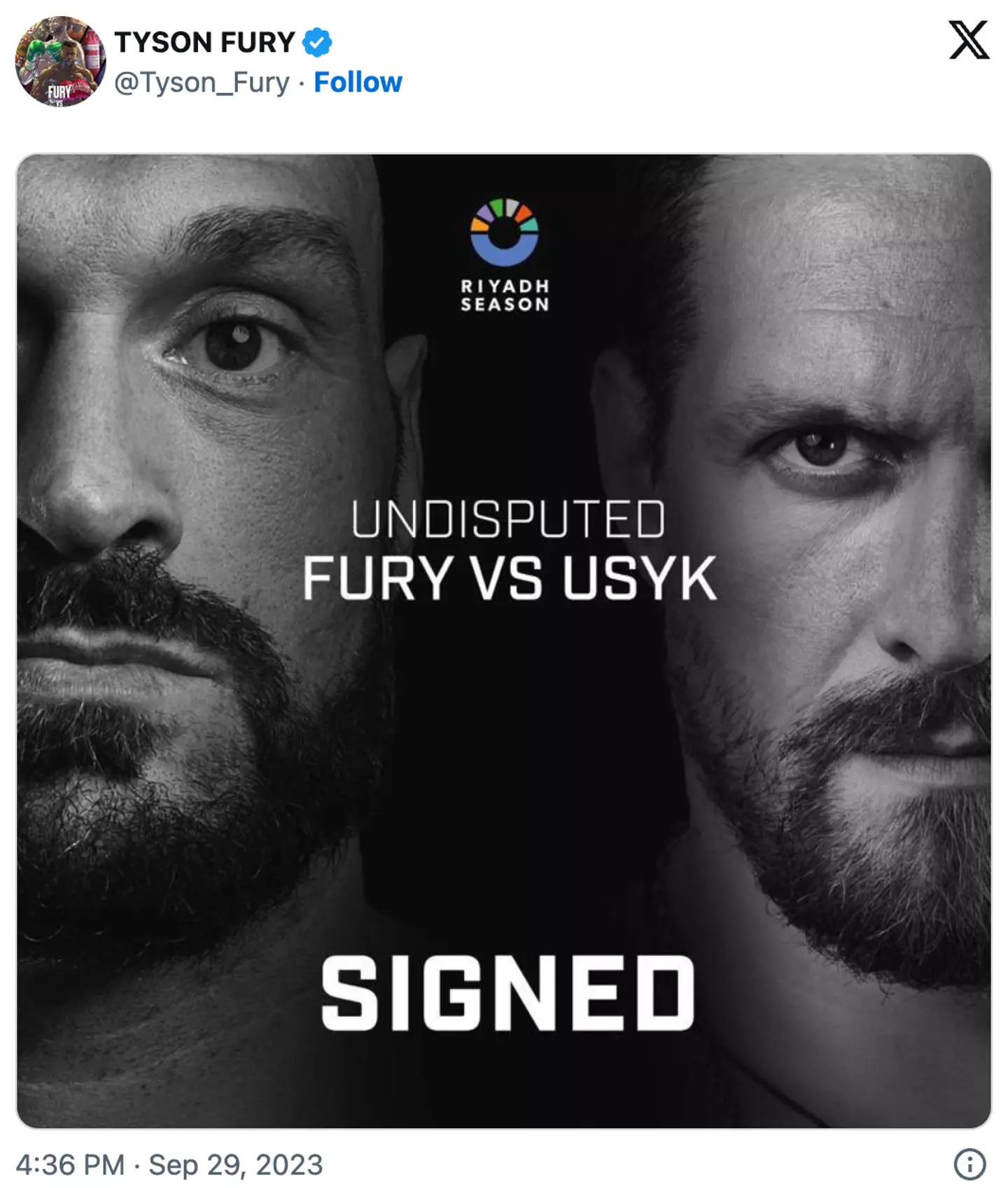 Tyson Fury has signed the contract to fight Oleksandr Usyk.
