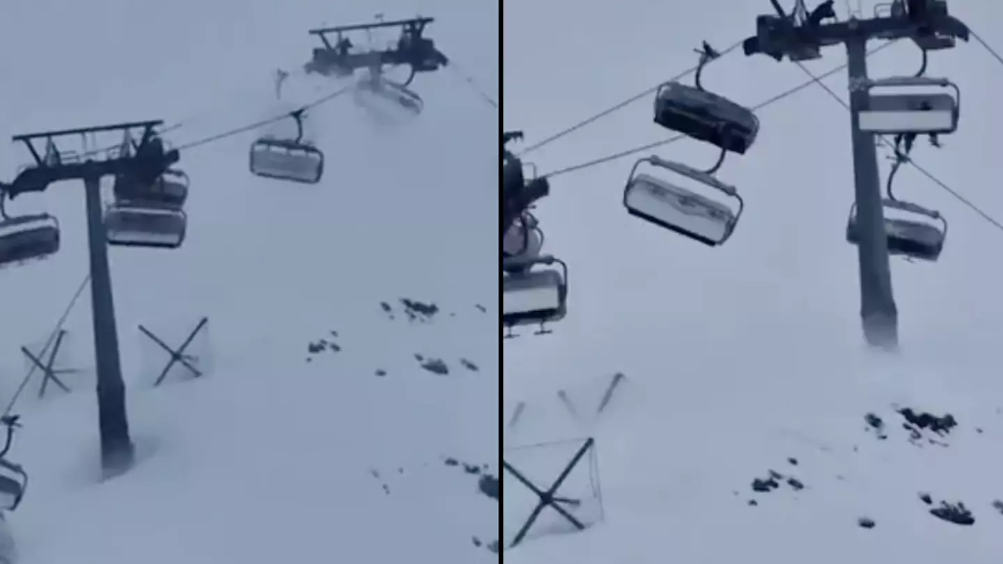 Terrifying moment skiers left hanging onto cable cars after being hit by 60mph wind