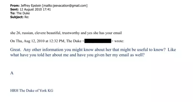 The email is replied to by someone calling themselves 'A' whose email signature is 'HRH The Duke of York KG' (DoJ)