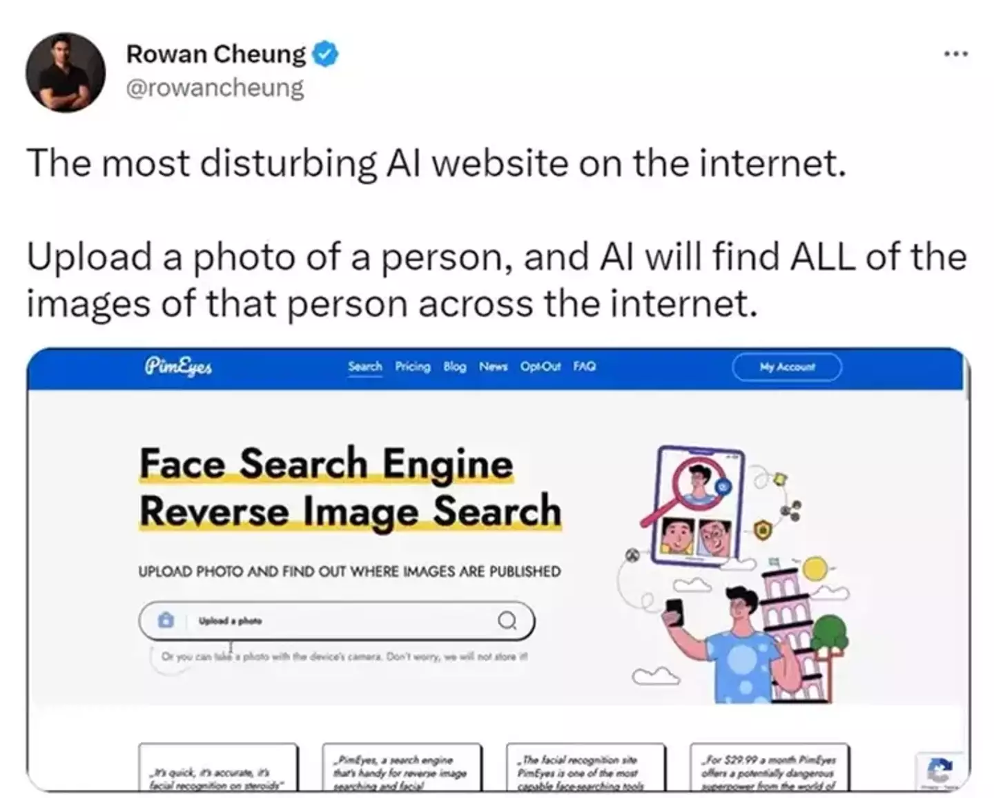 People are trying out the face search engine (X/@rowancheung/PimEyes)