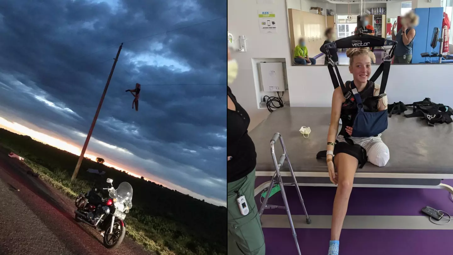 Teenager left hanging by broken leg on power line after car crash says it actually saved her life