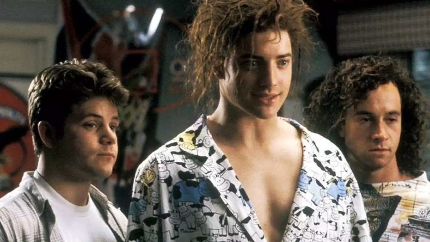 Brendan Fraser (centre) with Sean Astin (left) and Pauly Shore (right) in Encino Man.