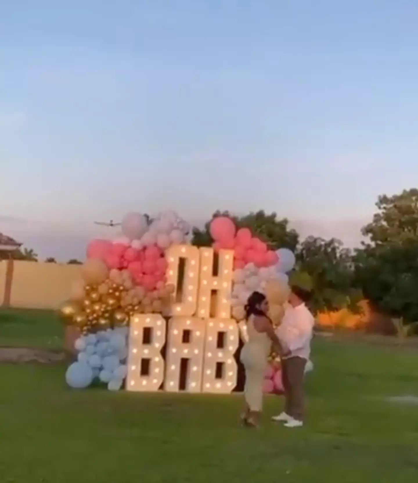 The couple could be seen standing in front of the balloon arch waiting for the plane (X/@aviationbrk)