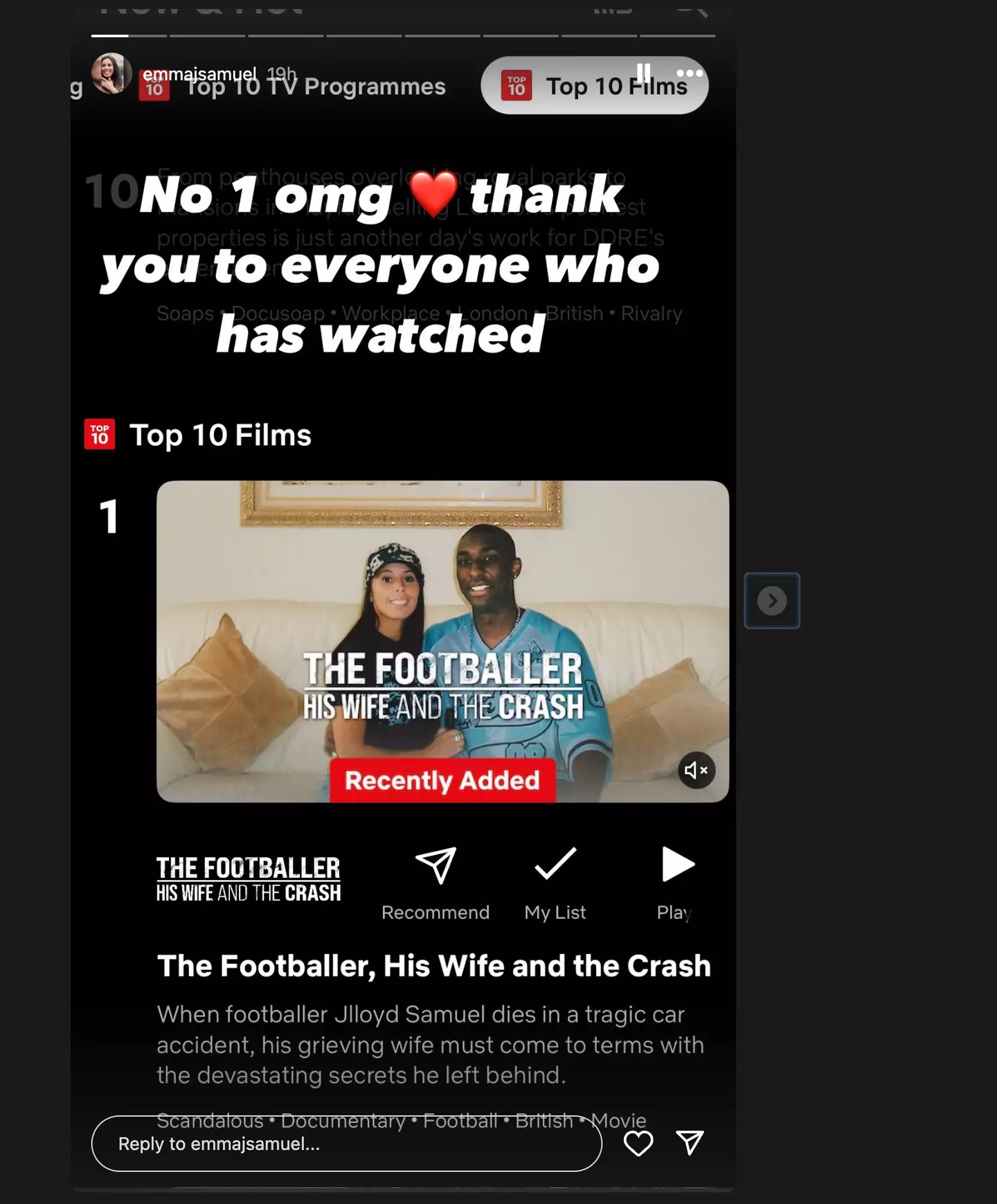 The post on Emma's story thanked everyone for their support in light of the doc dropping on Netflix. (Instagram/@emmajsamuel)