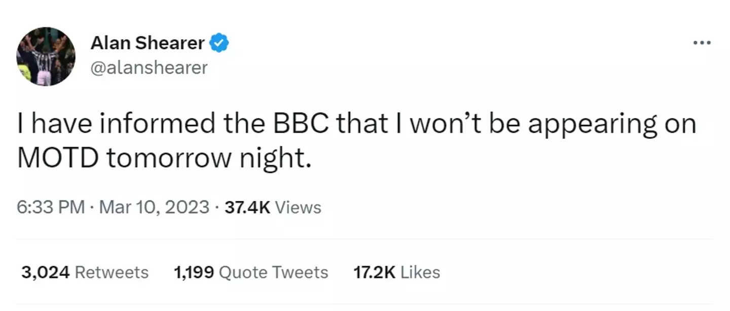 Alan Shearer also said he wouldn't be appearing on Match of the Day without Lineker.