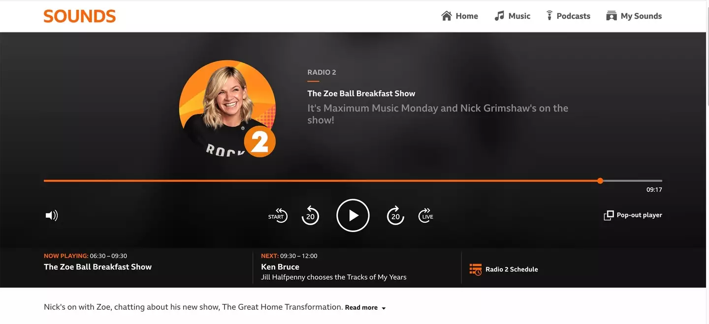 The BBC Sounds website still said that Zoe Ball was on the radio from 6.30 am to 9.30 am and was scheduled to chat to Nick Grimshaw, even though this appears not to be the case (BBC).