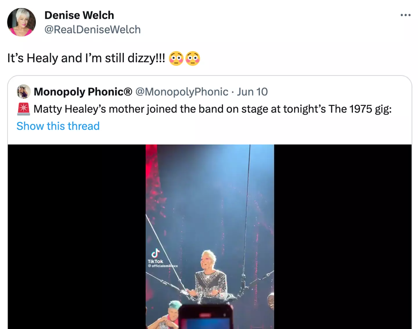 The video joked Denise Welch was at the gig.