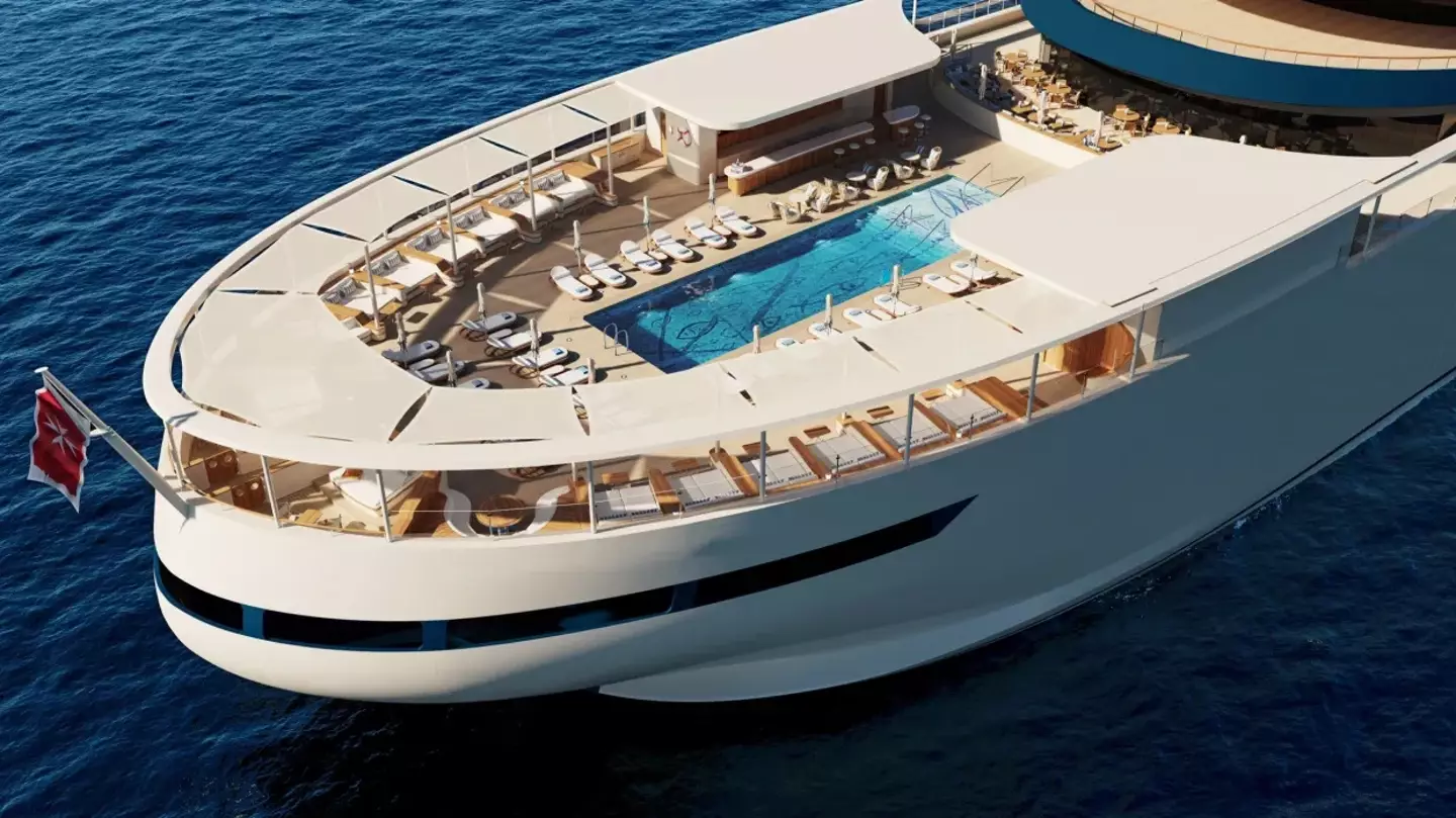 The 679-foot yacht will have a huge pool, marina and 95 suites.