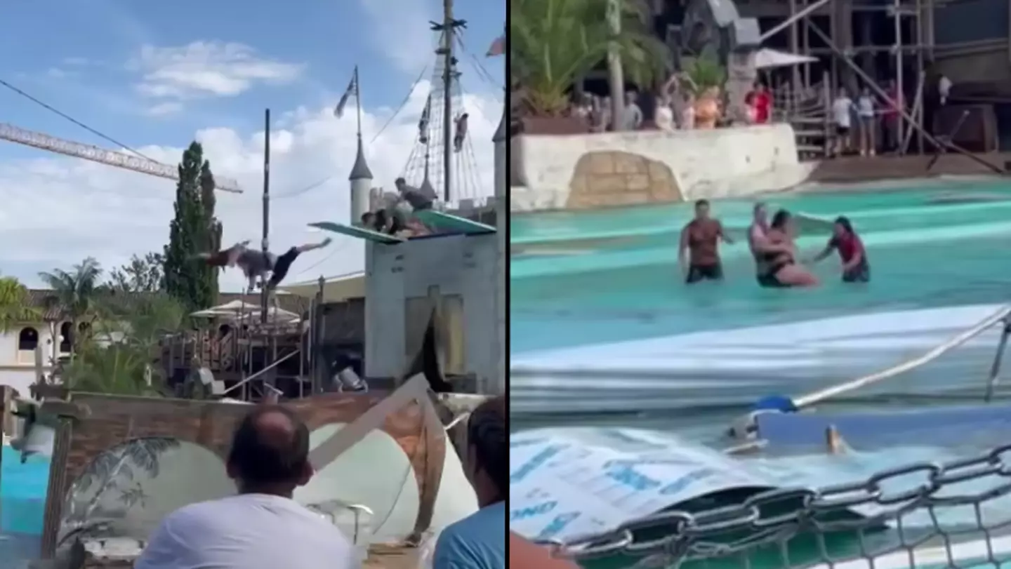 Horror moment theme park performers are injured after set collapses beneath them