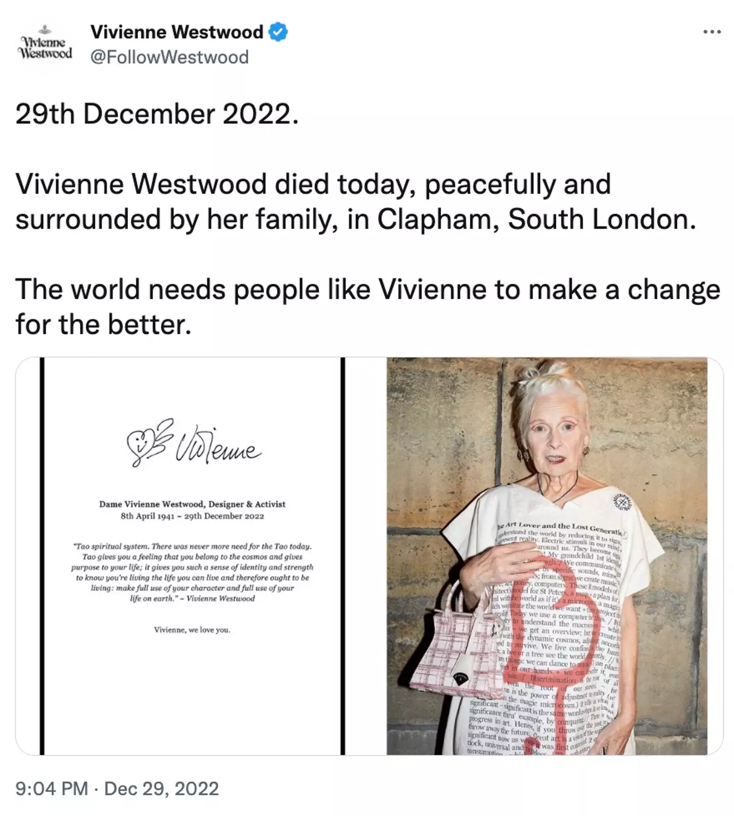 Vivienne Westwood has died aged 81.