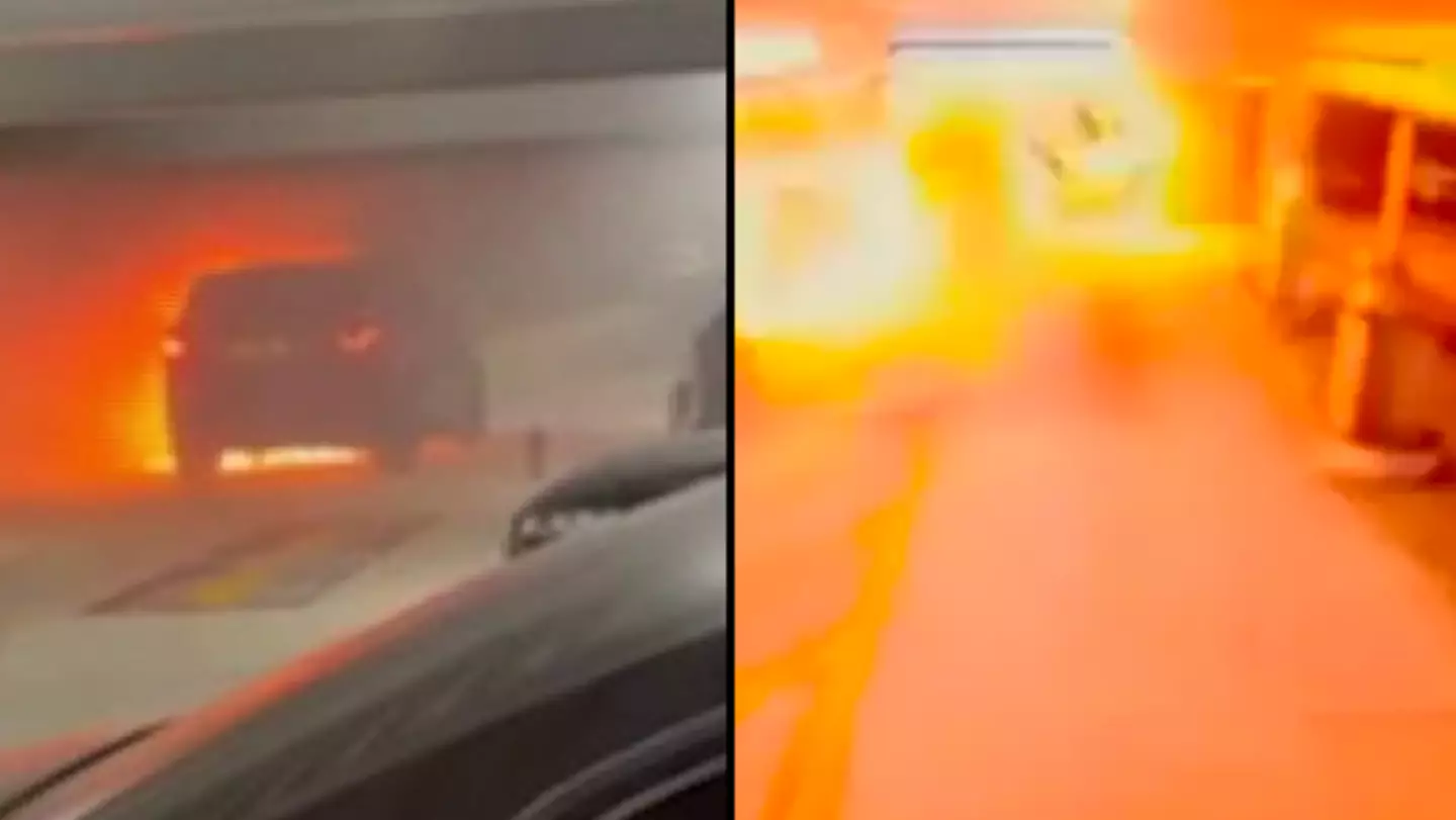 Moment car starts burning before fireball destroys hundreds of vehicles and wipes out entire UK airport carpark