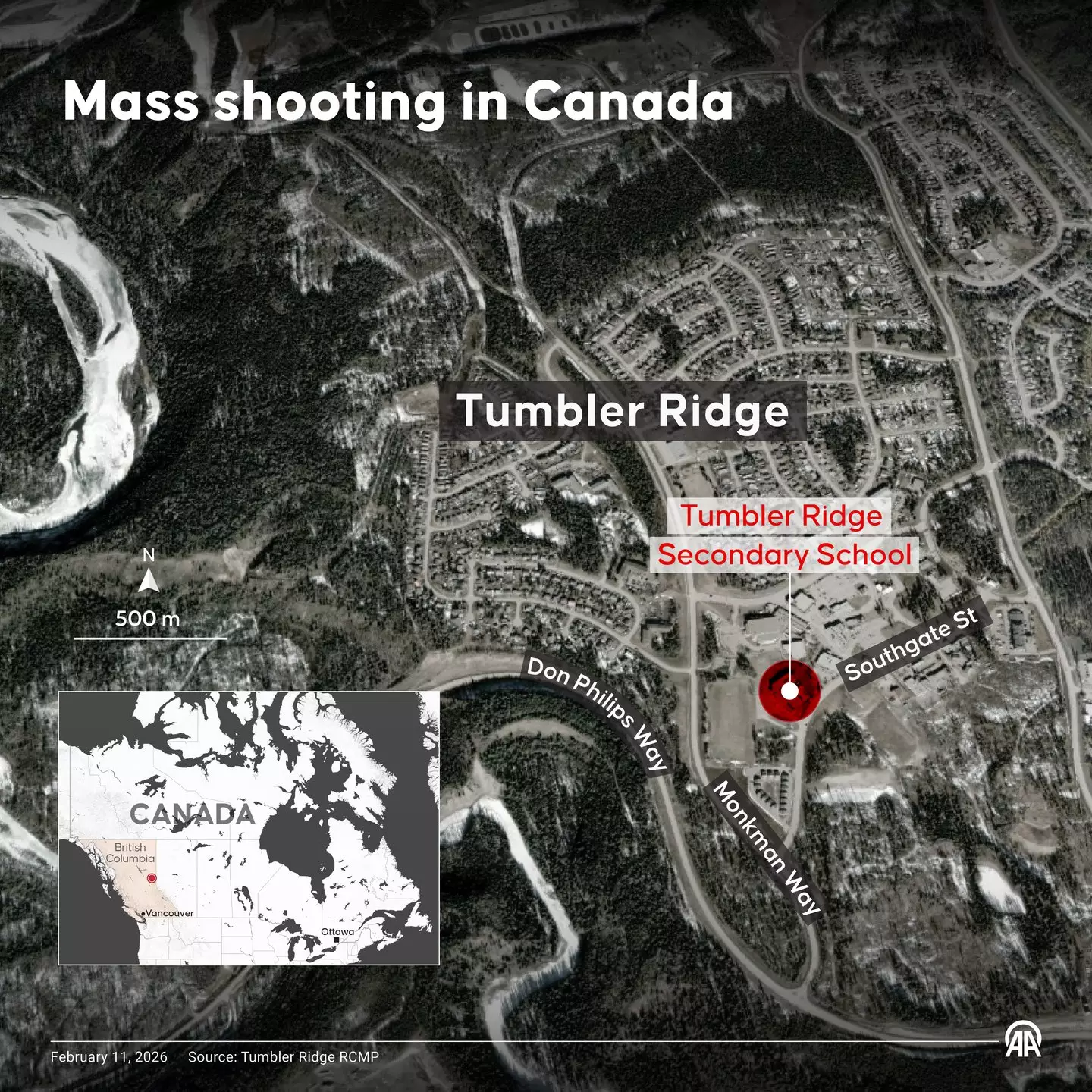 The shooting took place at Tumbler Ridge Secondary School (Elif Acar/Anadolu via Getty Images)