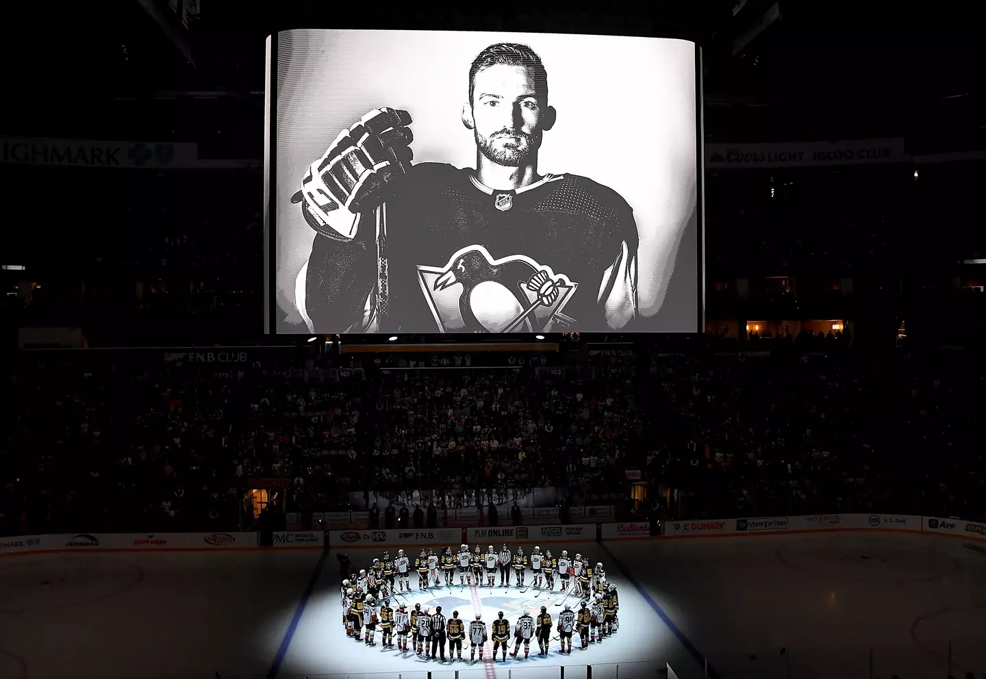 Adam Johnson is remembered before the game between the Pittsburgh Penguins and the Anaheim Ducks.
