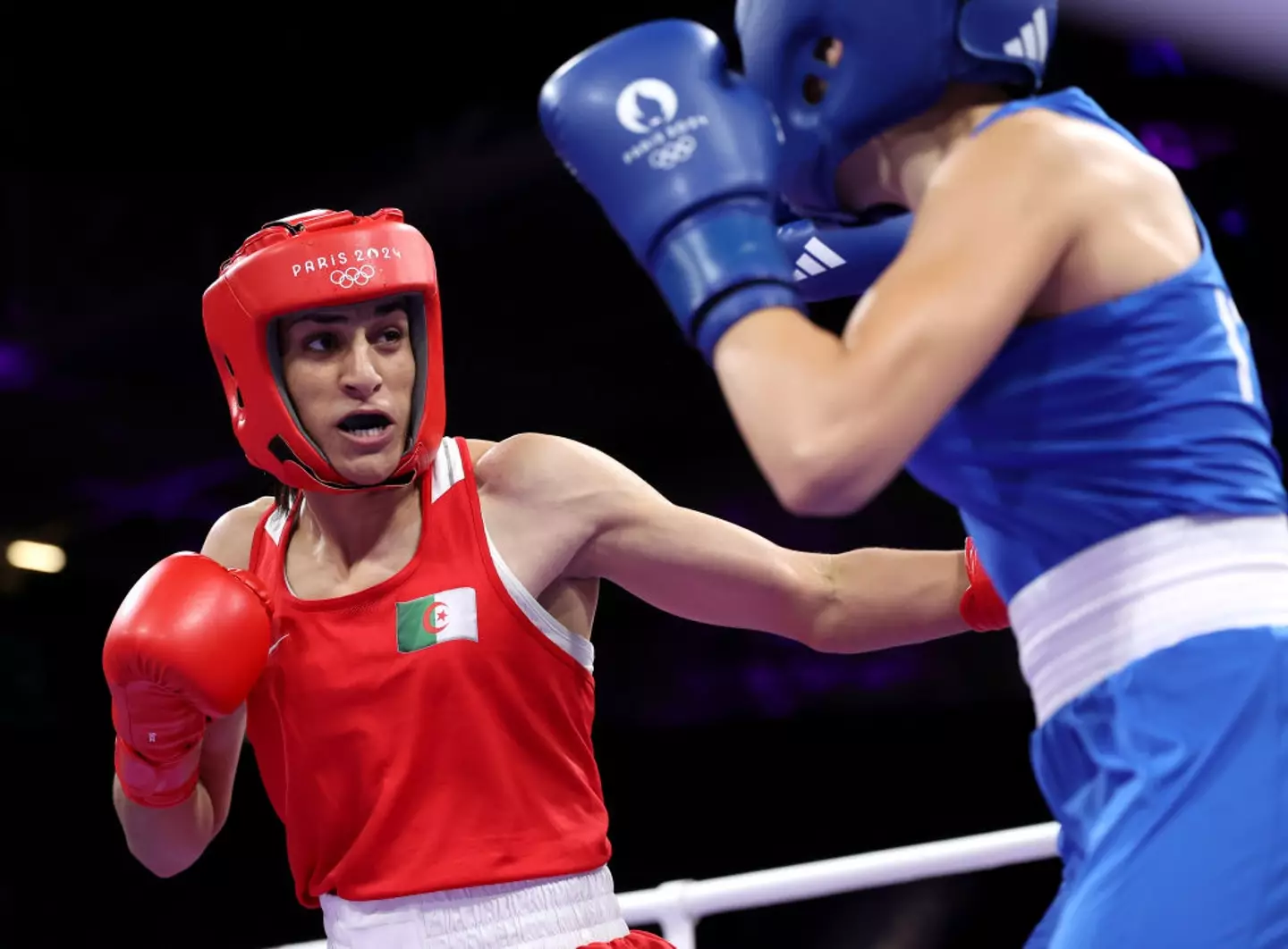 Imane Khelif boxing on 1 August at the Paris 2024 Olympics. (Richard Pelham/Getty Images)