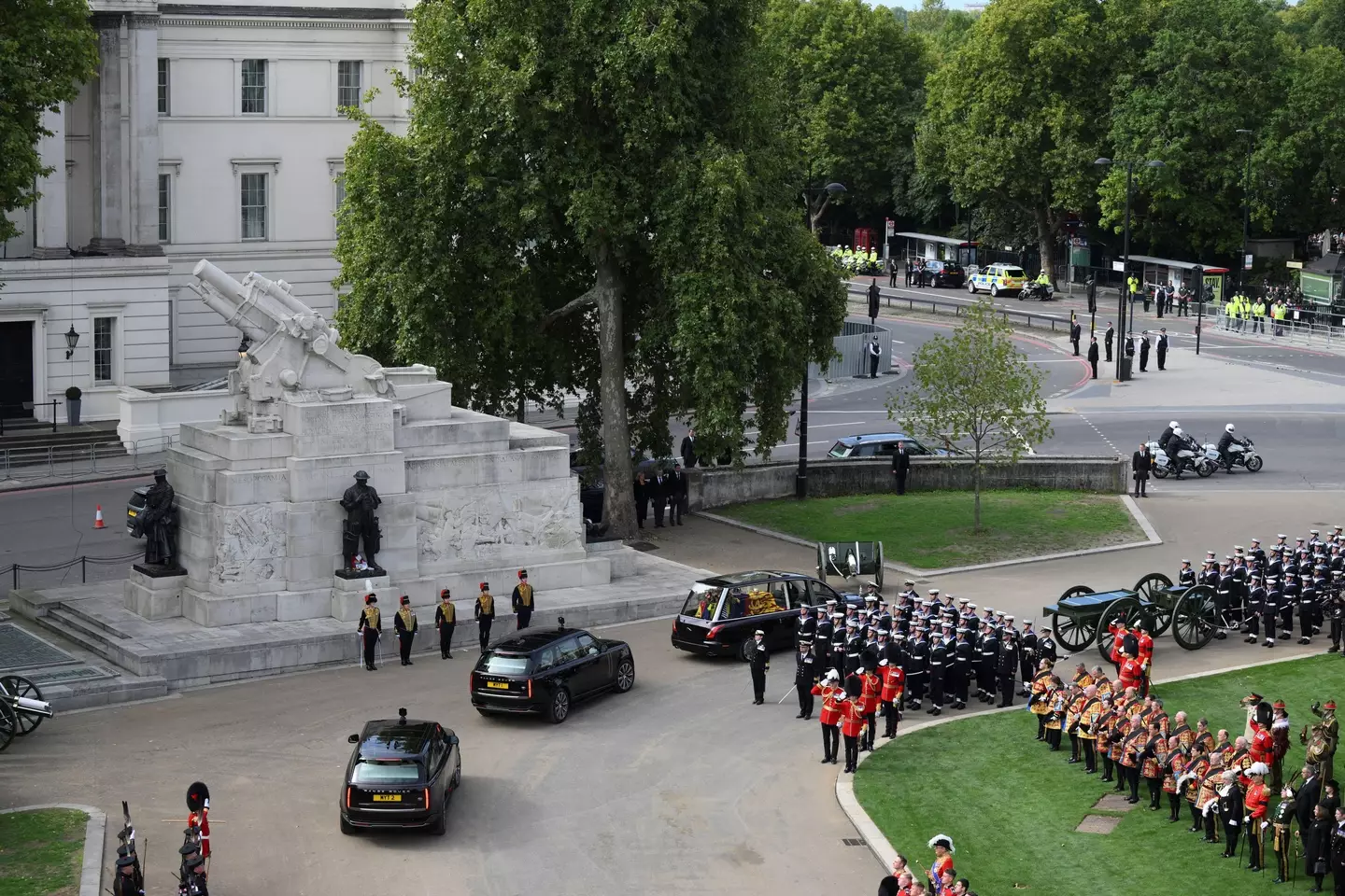 The State Hearse carrying the coffin of Queen Elizabeth II, leaves Wellington Arch in London.