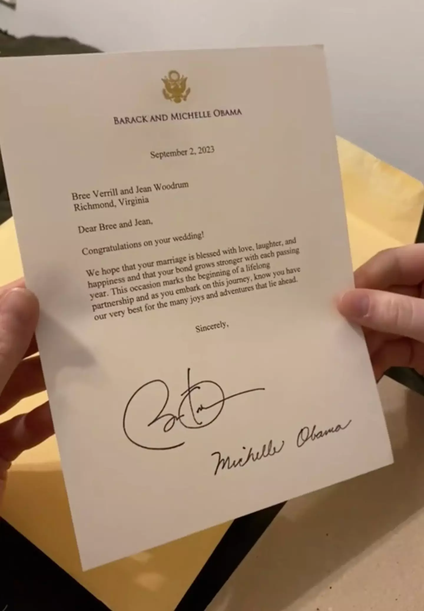 The Obamas sent the newlyweds a letter wishing them all the best.