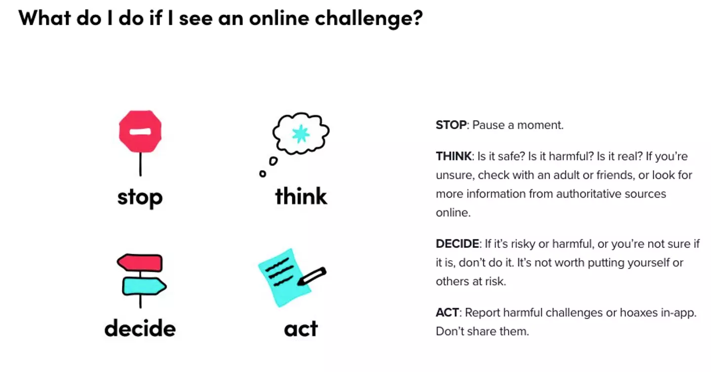 TikTok has a guide to recognising dangerous challenges or hoaxes for users to refer to. (